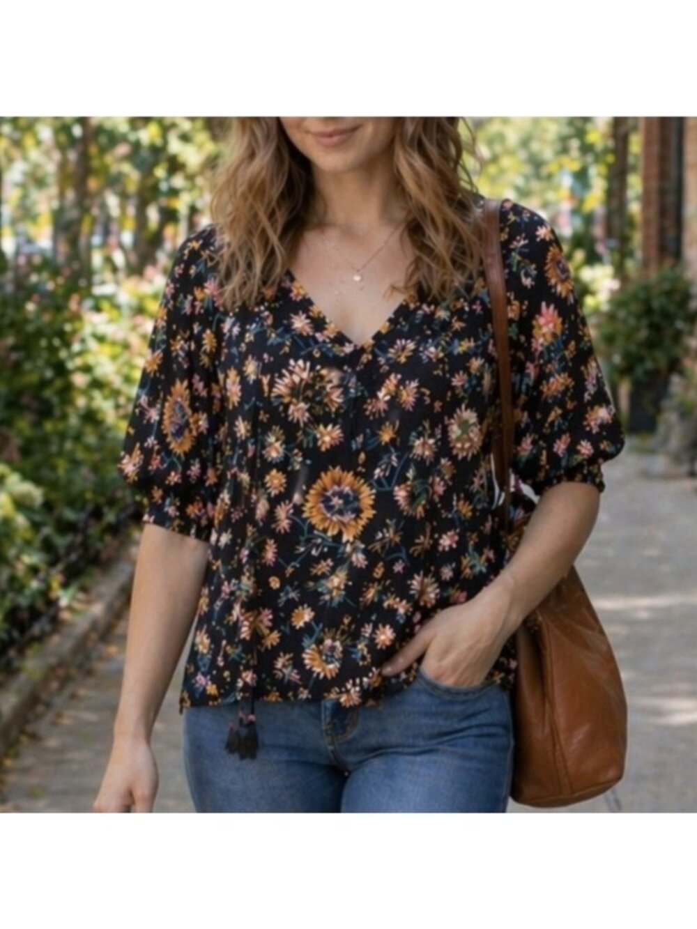 Natural Life Maribel Black Floral Top Boho Festival Prairie Peasant - Picture 2 of 5